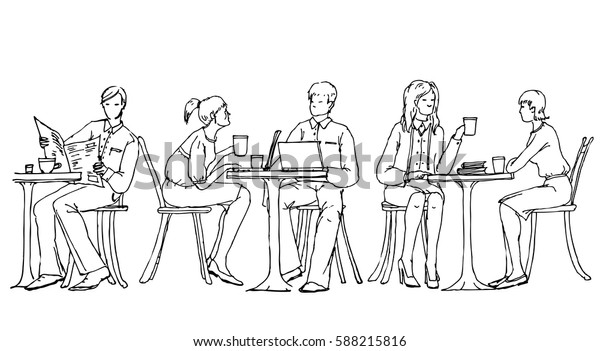 カフェの昼休みのビジネスマン ノートパソコンの話し合い 仕事をしている人 落書き風イラスト のベクター画像素材 ロイヤリティフリー