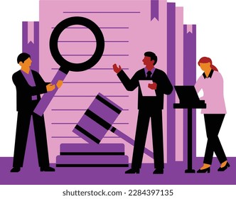 Business people with magnifier and documents. Teamwork, teamwork, cooperation concept. Vector illustration in flat style