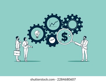 Empresarios con dinero en dólares de aumento de la producción de engranajes de cog. Ilustración vectorial moderna en estilo plano