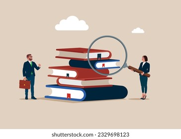 Empresarios con lupa y un montón de libros coloridos.  Educación, lectura, conocimiento y concepto de búsqueda. Leer para saber. Ilustración vectorial plana