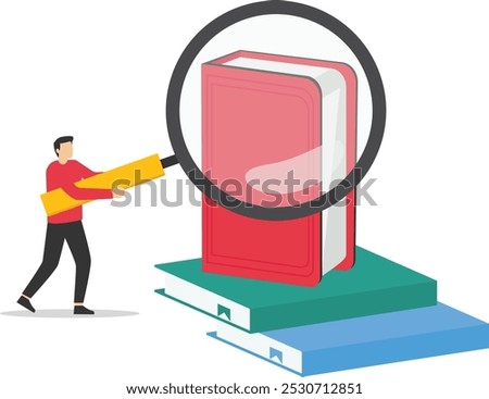 Business people with magnifying glass and stack of colorful books. Education, reading, knowledge and search concept. Read to Know. Flat vector illustration

