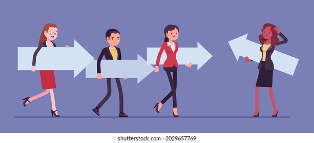 Business people, majority and minority in social group, opposite direction. Woman thinking to change his view, ideas, find different way, new course, management or life guidance. Vector illustration