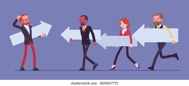 Business people, majority and minority in social group, opposite direction. Man thinking to change his view, ideas, find different way, new course, management or life guidance. Vector illustration