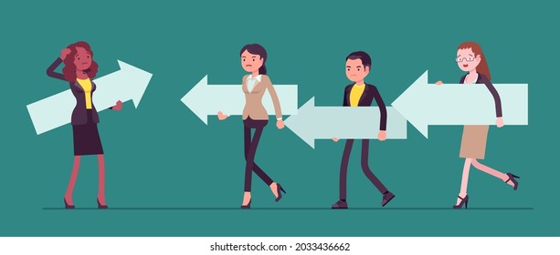 Business people, majority and minority in social group, opposite direction. Woman thinking to change his view, ideas, find different way, new course, management or life guidance. Vector illustration