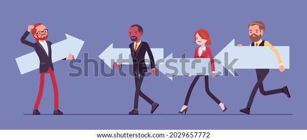 Business people, majority and minority in\
social group, opposite direction. Man thinking to change his view,\
ideas, find different way, new course, management or life guidance.\
Vector illustration