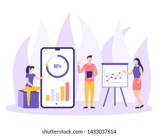 Business people make analytics presentation, statistic or infographic analysis investment on diagrams, board, smartphone, tablet. Financial Strategy banner. Startup design poster. Vector illustration