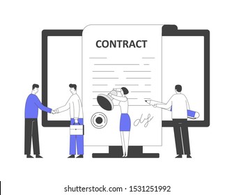 Business People Make a Deal Agreement, Shaking Hands, Checking and Signing Contract. Characters Standing at Pc Screen with Seal Stamp and Pen for Signature. Cartoon Flat Vector Illustration, Line Art