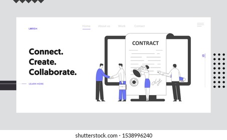 Business People Make Deal Agreement Website Landing Page. Characters Standing at Pc Screen Shaking Hands, Checking and Signing Contract Web Page Banner. Cartoon Flat Vector Illustration, Line Art