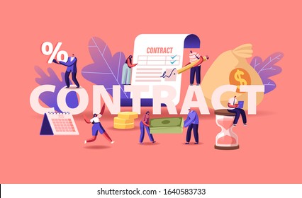 Business People Make a Deal Agreement, Checking and Signing Contract Concept. Man Put Signature on Paper Document with Check Marks Poster Banner Flyer Brochure. Cartoon Flat Vector Illustration