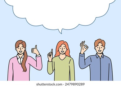 Business people make joint statement after discussion, standing under large dialogue cloud. Copy space inside dialogue bubble and office employees showing affirmative and recommendatory gestures