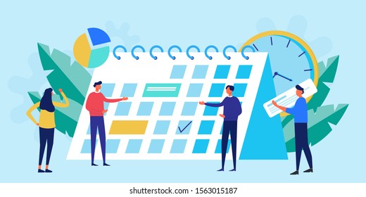 Business people make an online schedule on the calendar. Weel and daily tasks scheduling. concept for planning, events and news, reminder. Operation on desk Calendar. Time management, to do list, CRM