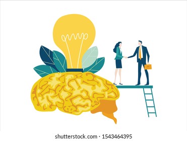Business people making a deal, hand shake. Great idea for business, brain and light bulb as symbol of getting the right decision. 