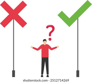Business people making a decision, yes or no choice symbol, businessman having dilemma and uncertain situation. Flat vector illustration.

