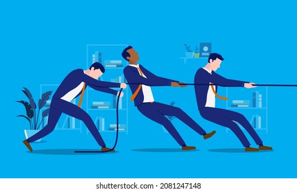 Business people making an effort - Vector illustration of team of businessmen pulling rope. Strength and persistence concept