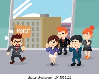 Business people making fun of their workmate who protest in the office
