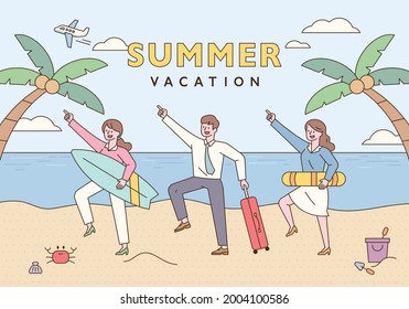 Business people making funny poses with surfboards, swimming tubes and suitcases. Beach background poster with palm trees. flat design style minimal vector illustration.