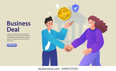 Business people making handshake. acquisition deal. company selling and expansion finance. Stakeholders agreement. company selling and expans. money investment concept. Vector illustration.