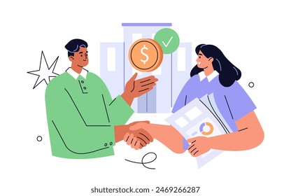 Business people making handshake to close company merger and acquisition deal. Stakeholders agreement, offer, company selling and expansion finance concept. Vector illustration.