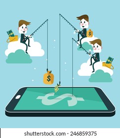 business people making money by fishing dollar banknote from wallet on screen of smart phone. Flat design vector illustration