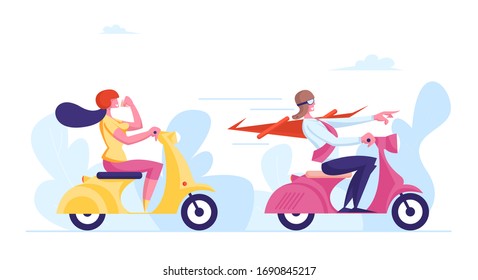 Business People Male and Female Characters Riding Scooters. Woman Follow Man in Red Super Hero Cloak. Leadership, Racing Challenge, Office Workers Motor Bike Competition. Cartoon Vector Illustration