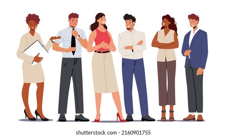 Business People Male and Female Characters Team Stand Together. Businessmen and Businesswomen Joyful Managers Colleagues, Creative Teamworking Group, Office Employees. Cartoon Vector Illustration
