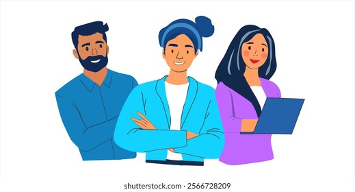 Business People Male and Female Characters Team Stand Together. Businessmen and Businesswomen Joyful Managers Colleagues, Creative Teamworking Group, Office Employees. Cartoon Vector Illustration