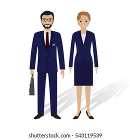 Business people male and female. Office employees man and woman standing together. Business teamwork concept. Flat style vector illustration.