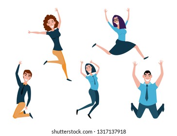 Business people man and girl jumping celebrating victory.
