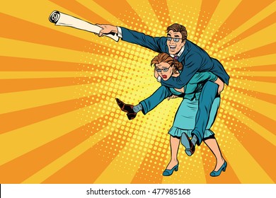 Business people man riding on woman, attack, pop art retro comic drawing illustration. Gender inequality. Career men and women 