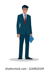 Empresarios. Un hombre con un traje de negocios con una carpeta. Personal de oficina, trabajador, estudiante, escolar. Imagen vectorial.