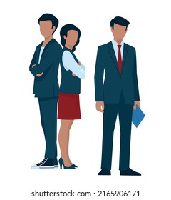 Business people. A man in business suits. The girl and the guy stand with their backs to each other, folded their arms on their chests. Office staff. Vector image.