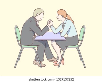 Business people man and woman arm wrestling fight. Competing sitting at table. Fighting business competitors. Gender competition, confrontation and struggle concept. Flat line vector illustration