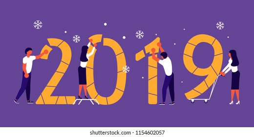Business people, man and woman building a numbers 2019, in flat modern style. preparing to meet the new year. Office Team are preparing to meet the new year. Vector illustration eps 10