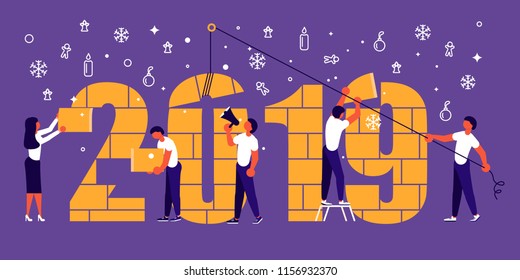 Business people, man and woman building a numbers 2019, in flat modern style. preparing to meet the new year. Office Team are preparing to meet the new year. Vector illustration eps 10