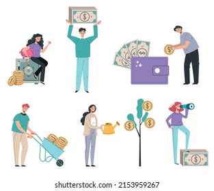 Business people man woman character with money. Business success concept. Vector flat cartoon design element illustration