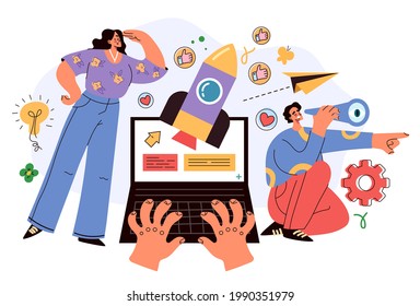 Business people man woman characters development and start new project. Future strategy perspective concept. Vector flat graphic design illustration