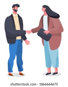 Business people man and woman communicating, shake hands with each other. Smiling friendly colleagues wearing in formal clothes flat design. Office staff meeting, appointment of business partners