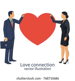 Business people man and woman draw heart as symbol of teamwork. Meet business partners. Vector illustration flat design. Isolated on white background. Symbol of successful deal.