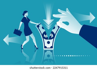 Business people man and woman fight for money. Divide profits. Financial conflict. Tearing money. Conflict concept. Torn in half. Vector illustration flat design. Isolated on white background. 