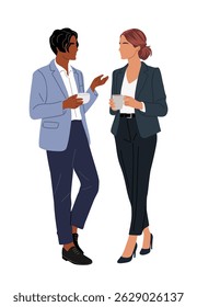 Business people, man and woman in formal suits standing with coffee cups, having coffee break, communicating, talking. Colorful flat vector illustration isolated on white background