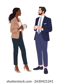 Business people, man and woman in formal suits standing with coffee cups, having coffee break, communicating, talking. Colorful flat vector illustration isolated on white background
