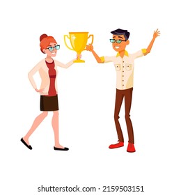 Business People Man And Woman Hold Goblet Vector. Businessman And Businesswoman Holding Holding Golden Goblet Together And Celebrate Victory. Characters Businesspeople Flat Cartoon Illustration