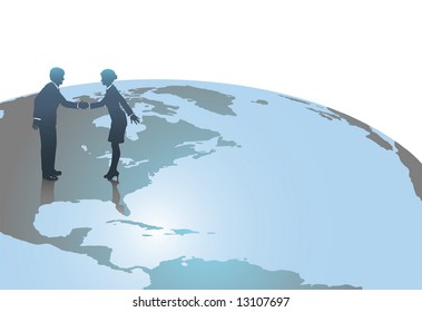 Business people, man and woman, meet in handshake to close a deal in the US on a world globe.