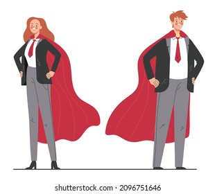 Business People Man Woman Office Workers Characters Super Hero. Vector Flat Graphic Design Cartoon Illustration