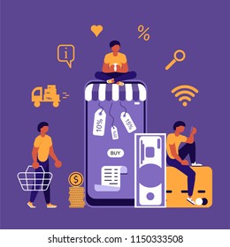 Business people, man and woman shop online using smartphone, in flat modern style. Concept for Mobile shopping, e-commerce and online store. Vector illustration eps 10