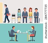 Business people, man and woman sitting and waiting for interview, recruitment concept. Flat design. 