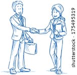 Business people, man and woman, smiling and shaking hands, with documents in hand,  hand drawn sketch vector illustration