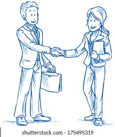 Business People, Man And Woman, Smiling And Shaking Hands, With Documents In Hand,  Hand Drawn Sketch Vector Illustration