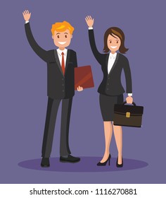 Business People, A Man And A Woman In Suits Waving Their Hands. Business Team Of Employees.