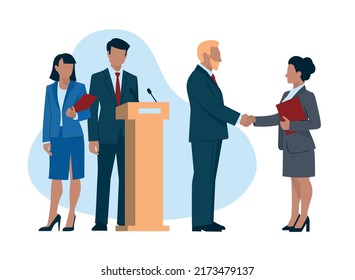 Business People. Man And Woman In Business Suits With A Folder. Public Speaking From The Podium. Man And Woman Greet Each Other With A Handshake. Official Event. Vector Image.	